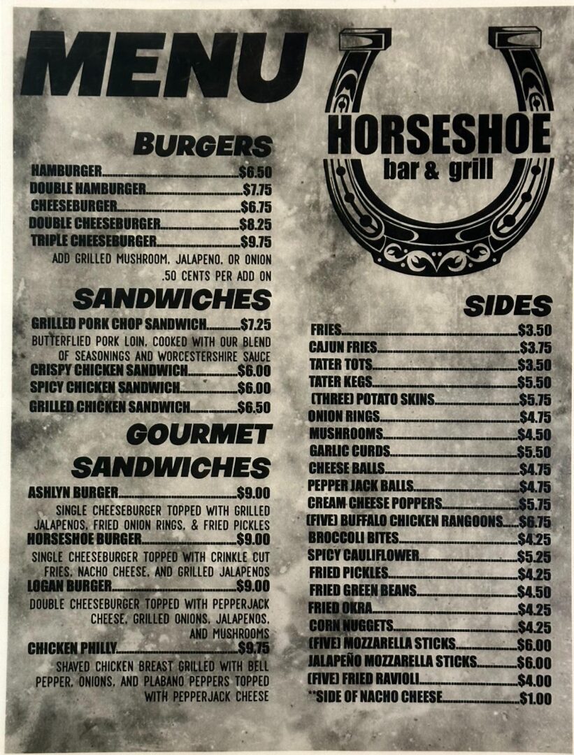 Horseshoe Bar & Grill menu Horseshoe Bar & Grill