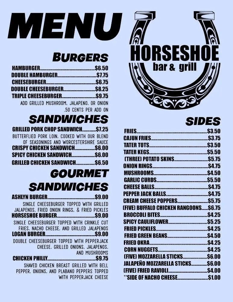 A menu of horseshoe bar and grill